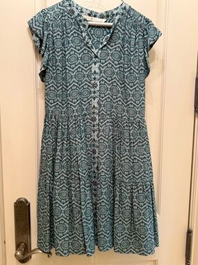 Marie Oliver Teal Geometric Print dress with Coral Accents